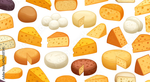A seamless pattern of various types of cheese on a white background in a cartoon illustration style