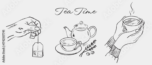Hand drawn drink illustrations. Hand holding tea bag, teapot with cup of tea. Two hands holding warm mug with steamed beverage. Vector sketch drawings. International tea day, tea time
