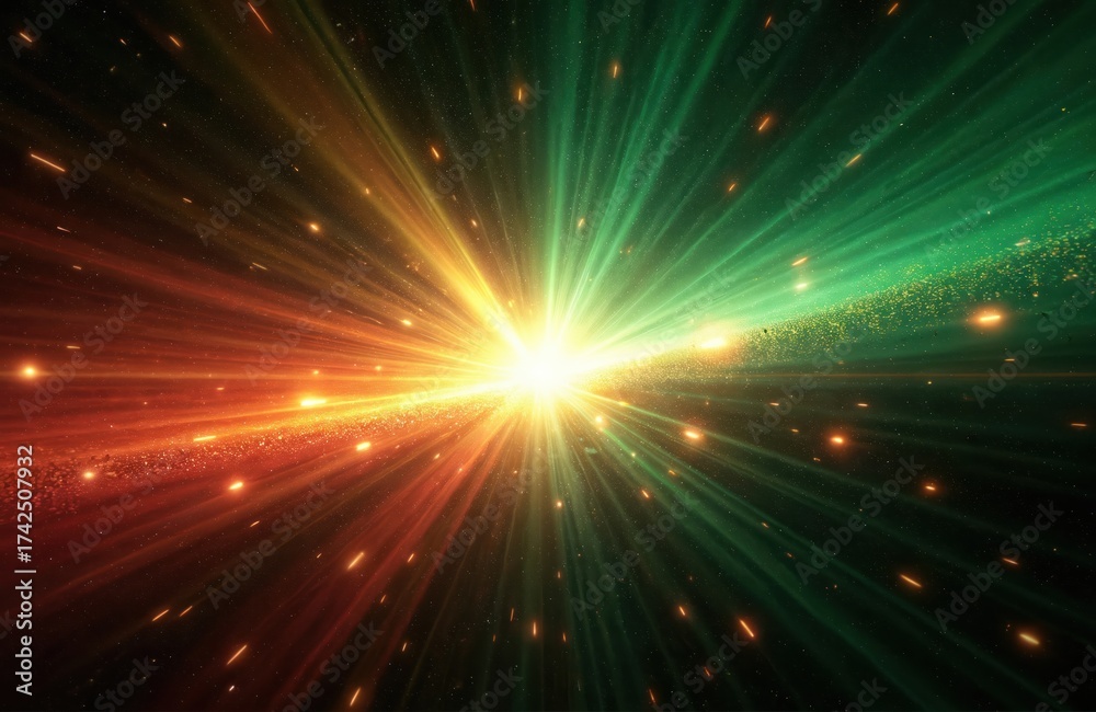 Fototapeta premium Dynamic cosmic explosion radiates intense light, vibrant colors across dark space background. Brilliant green yellow, red hues create mesmerizing visual effect suggesting stellar birth. Abstract