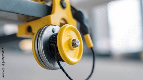 Yellow industrial pulley close up showing metal sheave and wrapped cable in soft light, conveying functional detail and mechanical tension in workshop setting