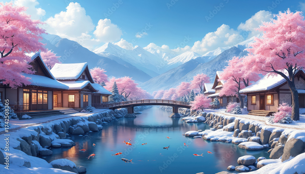 Obraz premium Digital illustration depicts a winter scene of Japanese village with snow covered houses. Pink cherry blossom trees bloom near river. Mountains on background. Koi fishes swim in water.