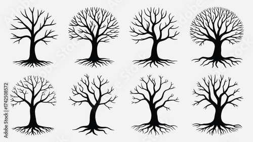 Collection of eight diverse black and white silhouetted bare tree illustrations with intricate root systems scalable vector eps silhouette vector illustration white background