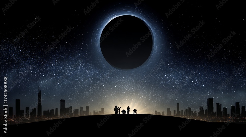 Naklejka premium night, city, sky, moon, stars, skyline, star, illustration, vector, silhouette, building, light, town, cityscape, dark, urban, blue, architecture, space, black, galaxy, new, scene, art, snow