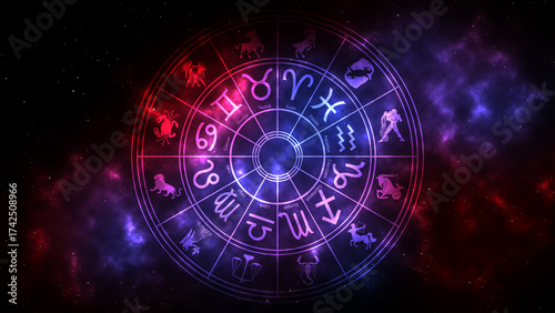 Bild auf Leinwand Mystical Indian Zodiac Wheel with Colorful Cosmic Astrology Signs Background