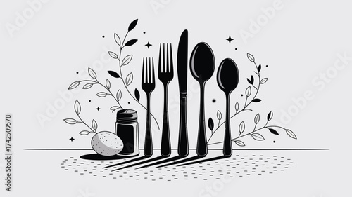 Minimalist black and white vector illustration of cutlery and botanical elements for eps download vector