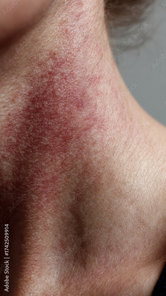 Fototapeta premium Close up of red irritated rash on the neck showing inflamed, dry, itchy skin consistent with eczema or allergic dermatitis, medical dermatology symptom and skin condition detail
