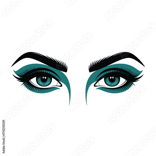 Stylized vector illustration of striking teal eyes with dramatic eyeliner and lashes vector