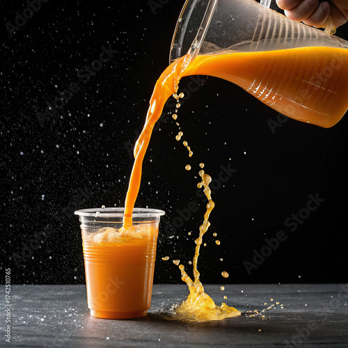Dynamic Pouring Action of Fresh Orange Juice or Smoothie into Plastic Cup with Splash on Black Background

