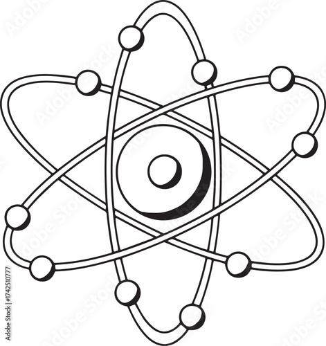 Fundamental Atomic Structure: Detailed Outline Vector Icon Representing a Central Nucleus with Electrons Orbiting in Three-Dimensional Paths