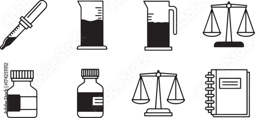 Measurement, Pharmacy, and Justice: Mixed Glyph and Outline Vector Icons Featuring Pipettes, Graduated Containers, Balance Scales, and Lab Notebooks