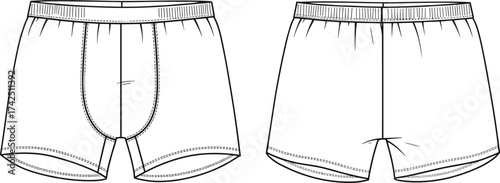 Men’s boxer briefs technical flat sketch, CAD drawing underwear design, fashion vector illustration front and back view garment template