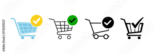 Shopping cart and check mark icon set. Trolley symbol vector. Approved purchase, add to cart, order confirmation symbols.