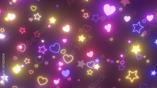 Ultraviolet Neon Flashing Heart And Star Shapes With Parallax Effect - Abstract Background Texture
