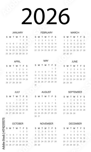 Calendar diagram of 2026 | Modern  black font 2026 calendar design | Vector calendar illustration for wall and desk | Futuristic calendar design with three column of month