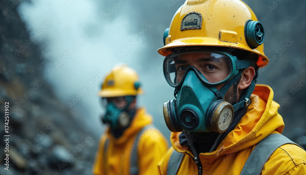 Naklejka premium Two workers wear protective helmets and gas masks in a geothermal plant environment. They are involved in industrial operations, likely in a hazardous area with steam or smoke.