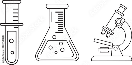 Essential Scientific Research Equipment: Outline Vector Icons Set Featuring Test Tube, Graduated Erlenmeyer Flask, and Compound Microscope