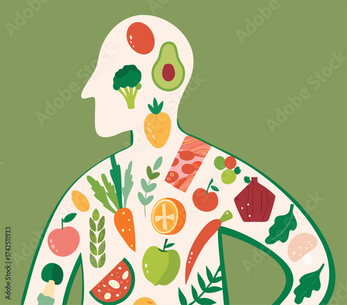 Healthy Eating Concept Illustration: Abstract Human Silhouette Filled with Nutritional Foods