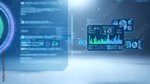 Animated motion graphics of advanced business data analysis on futuristic digital dashboards. Big data