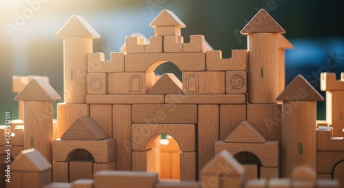 Wooden Castle Model with Towers and Gates in Warm Sunlight for Children's Play and Toy Display