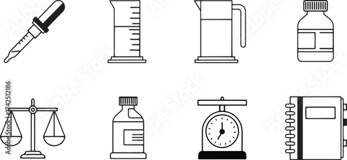 recise Laboratory Measurement Tools: Outline Vector Icons Set Featuring Droppers, Graduated Cylinders, Balances, and Lab Notebooks