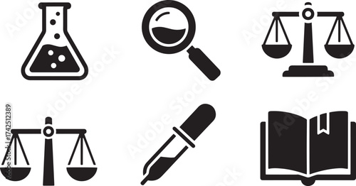 Forensic Investigation and Research: Solid Vector Icons Set Featuring Chemistry Lab Flask, Magnifying Glass, Scales of Justice, and Open Book