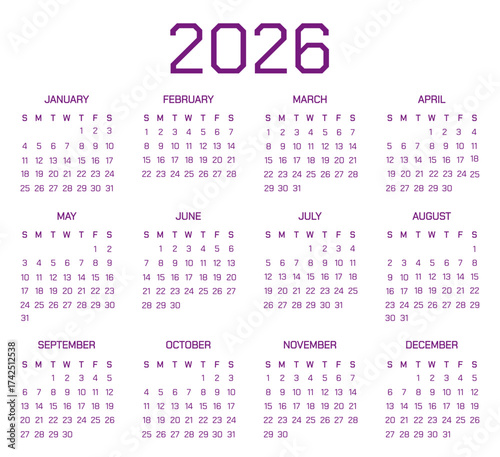 Calendar diagram of 2026 | Modern 2026 calendar design | Vector calendar illustration for wall and desk | Futuristic calendar design with eminence color