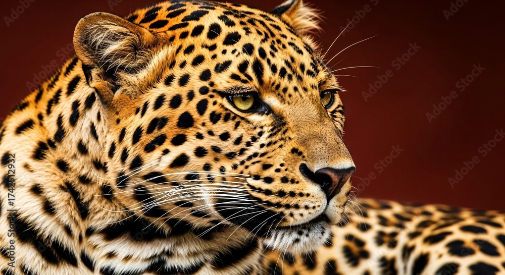 Fototapeta premium Profile View of a Leopard with Golden Eyes Against a Dark Red Background