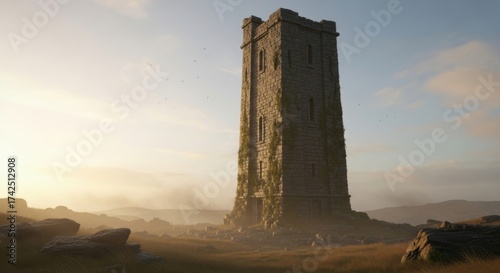Ancient Stone Tower Standing in Natural Landscape Under Sunset Sky
