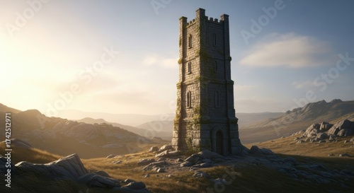 Ancient Stone Tower Standing in Open Mountain Landscape During Sunset