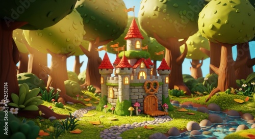 Colorful Toy Castle in Enchanted Forest Scene with Trees and Stream