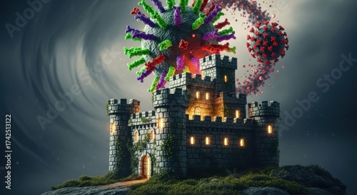 Fantasy Castle Under Stormy Sky Surrounded by Large Virus Particles