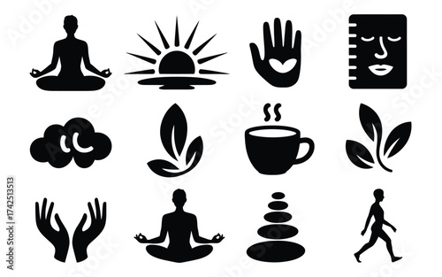 Set of 12 vector icons for meditation and wellness scalable eps illustration for diverse applications silhouette vector illustration white background