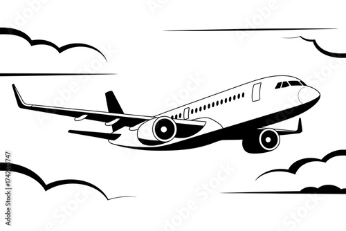 Vector art of airplane flying in the sky with clouds