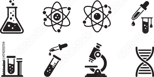 Fundamental Science and Chemistry Glyph Icon Set: Featuring Laboratory Equipment, Atomic Models, DNA Helix, and Microscopic Analysis Tools