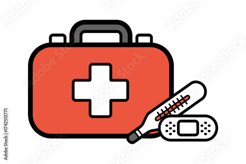 Vector art of first aid kit with thermometer and bandage