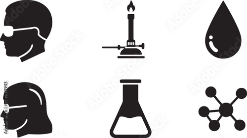 Essential Chemistry and Safety Glyph Vector Icons: Featuring Scientists, Bunsen Burner, Erlenmeyer Flask, Water Droplet, and Molecule