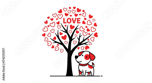 Cute puppy under love tree illustration perfect for valentine's day and anniversary vector design