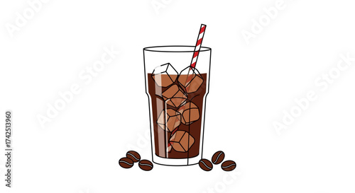 Iced coffee illustration with coffee beans and a straw on a white background