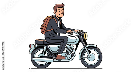 Cartoon illustration of a young man riding a classic motorcycle with a backpack
