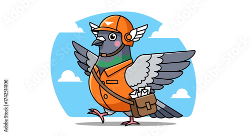 Cartoon pigeon postman delivers mail with winged helmet against blue sky backdrop