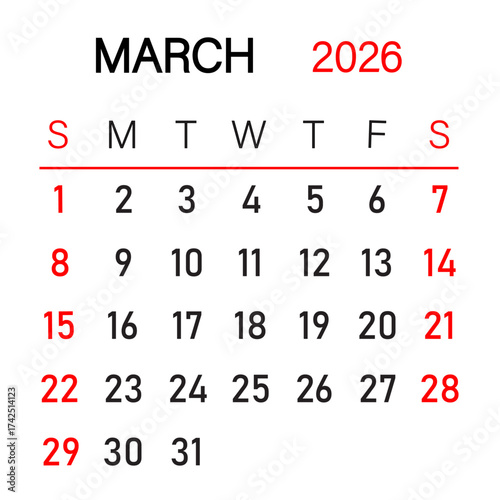 Month of March 2026 infographic calendar vector with underline below week name | Futuristic view of date in corporate way, desk, wall, decoration