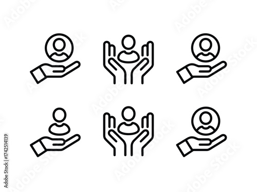 Set of six minimalist black line art user icons with hands offering protection and support silhouette vector illustration white background