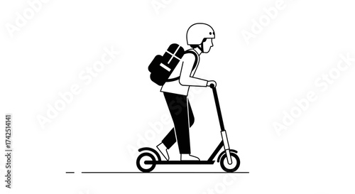 Monochrome depiction of a person riding an electric scooter with safety gear and backpack showing