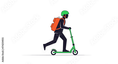 Modern delivery guy riding scooter with backpack cartoon illustration isolated on white background