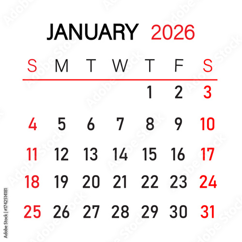 Month of January 2026 infographic calendar vector with underline below week name | Futuristic view of date in corporate way, desk, wall, decoration