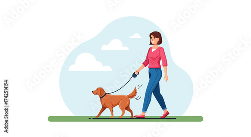 Illustration depicting a woman walking her golden retriever dog in a park on a sunny day