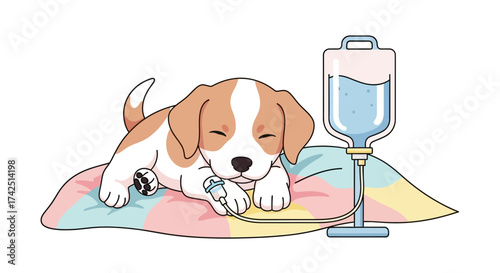 Illustration of a sick puppy receiving intravenous fluid therapy, showcasing veterinary care and
