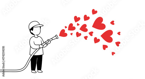 Illustration of a character spreading love with a hose spraying hearts conveys affection