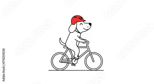 Charming cartoon illustration of a dog riding a bicycle with a red helmet safety first concept