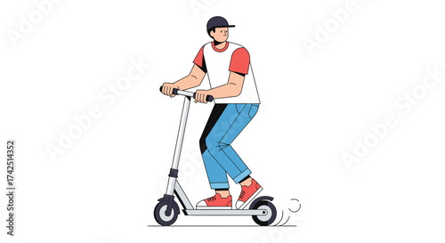 Illustration of a stylish young man riding an electric scooter for urban transportation and leisure